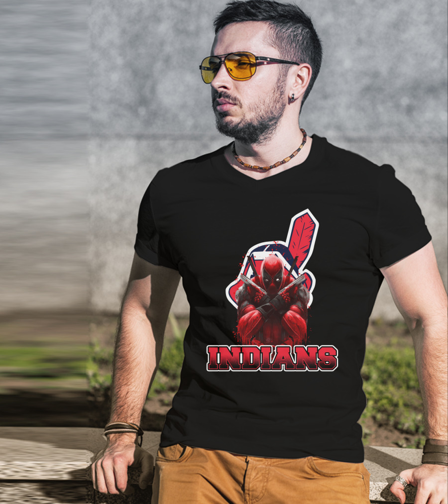 Indians Deadpool Crossover With Baseball Feather T-Shirt