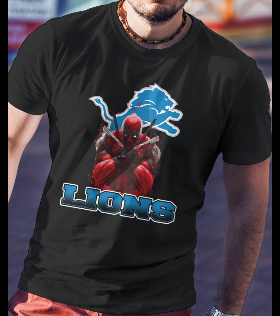 Detroit Lions Deadpool Crossover Fans Blue Lion T-Shirt