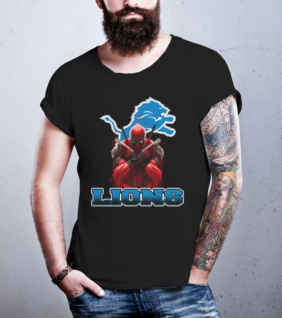 Detroit Lions Deadpool Crossover Fans Blue Lion T-Shirt