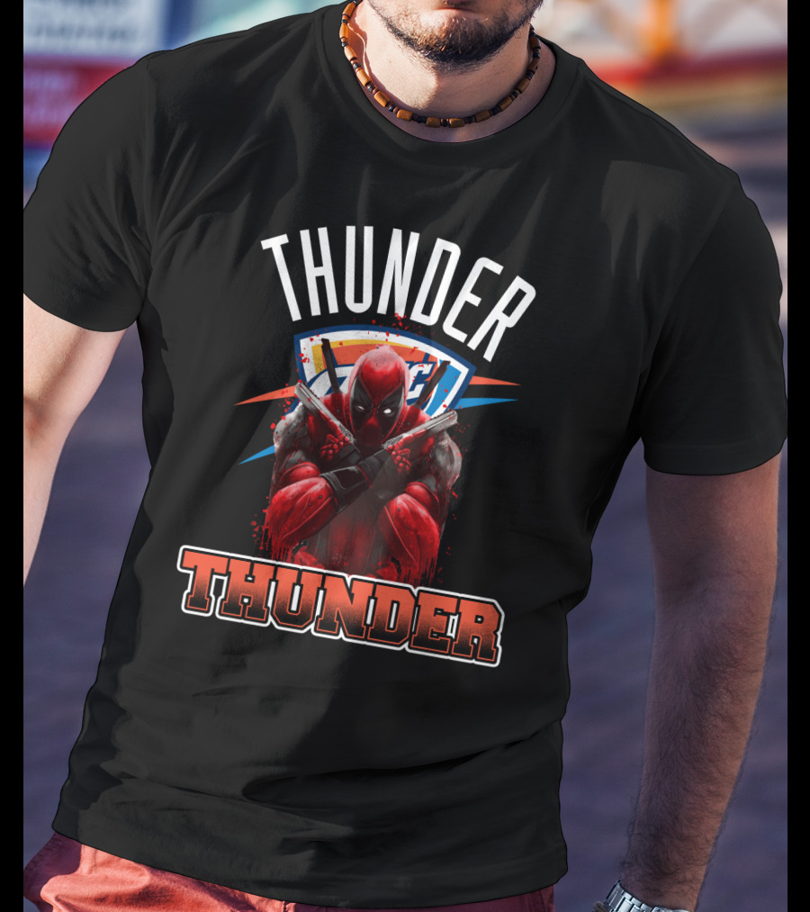 Thunder Crossover With Iconic Marvel Character On Oklahoma City Background T-Shirt
