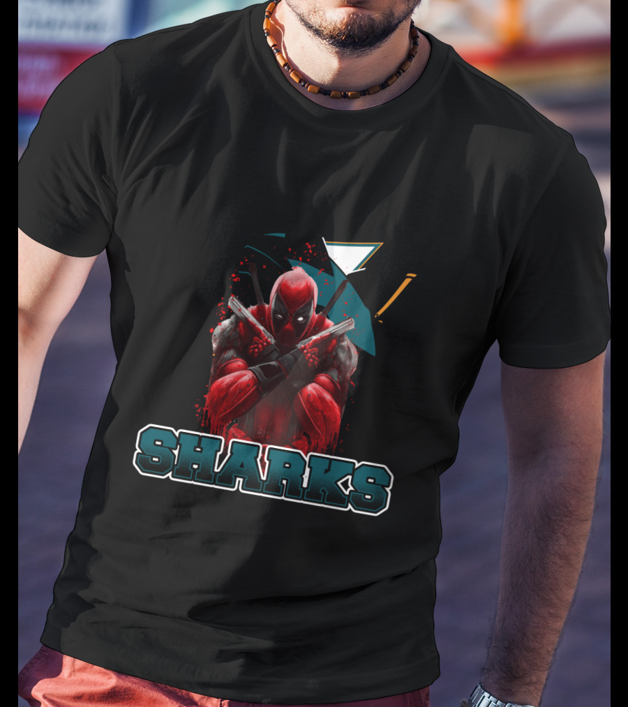 Deadpool With San Jose Sharks Imagery And Text: Sharks T-Shirt