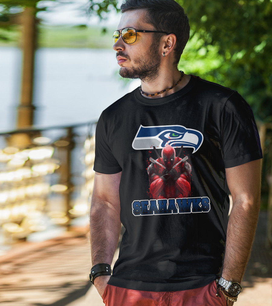 Seattle Seahawks Logo With Deadpool Crossover Fan Collaboration Seahawks T-Shirt
