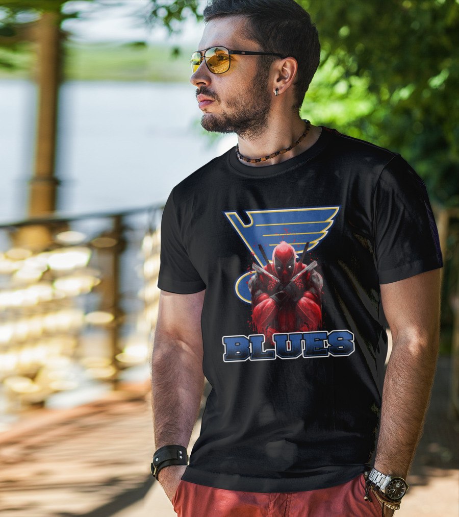 St. Louis Blues And Deadpool Crossover Fan Art With Iconic Blue And Yellow Hockey T-Shirt