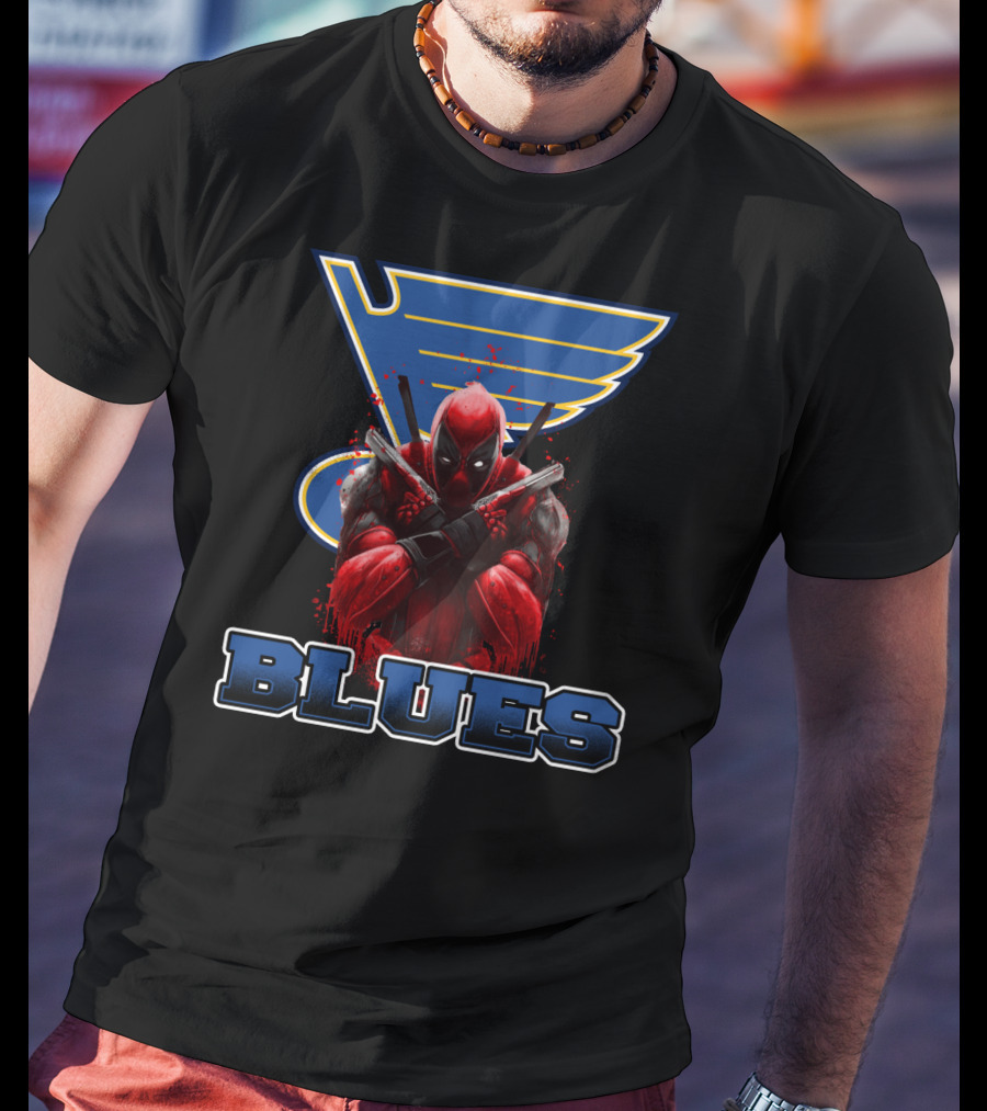 St. Louis Blues And Deadpool Crossover Fan Art With Iconic Blue And Yellow Hockey T-Shirt