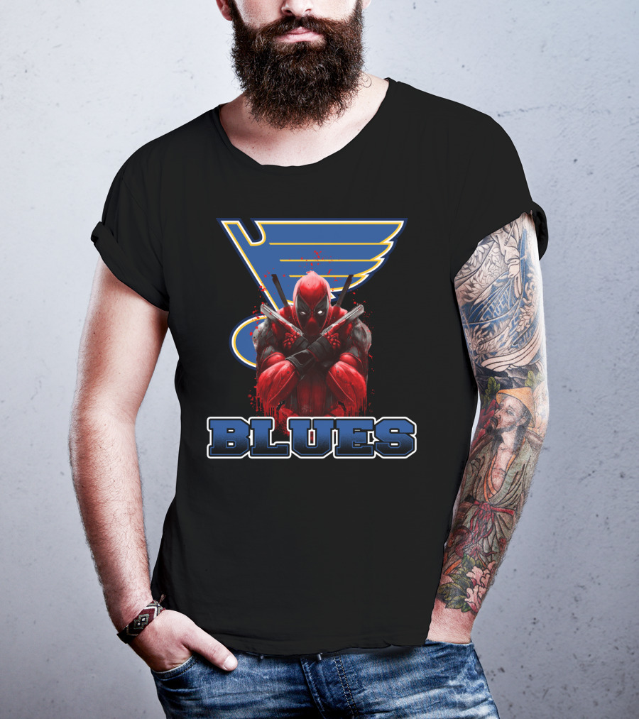 St. Louis Blues And Deadpool Crossover Fan Art With Iconic Blue And Yellow Hockey T-Shirt