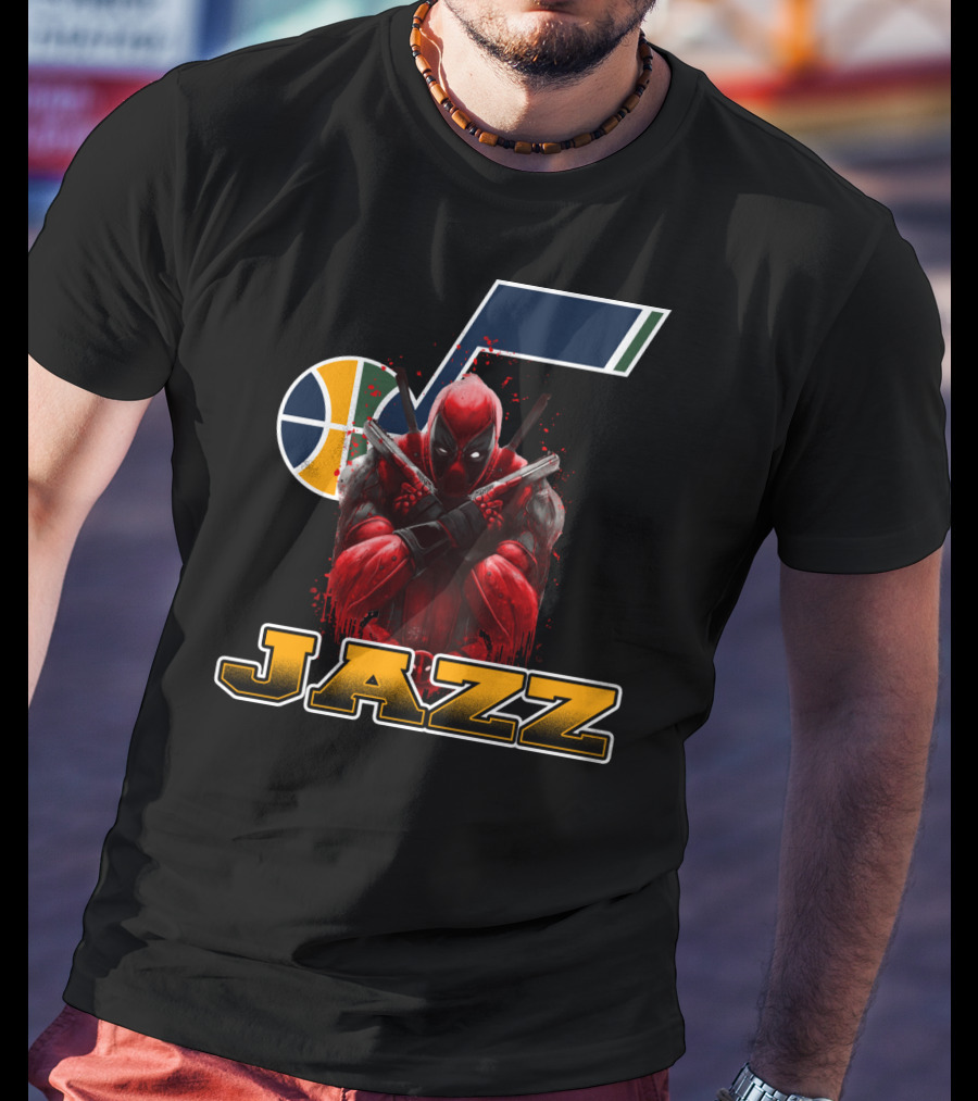 Utah Jazz NBA Logo With Deadpool Character Crossover For Fans T-Shirt