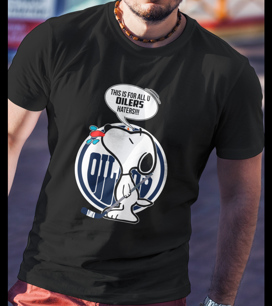 Snoopy Hockey Stick Edmonton Oilers Logo Haters Speech Bubble T-Shirt