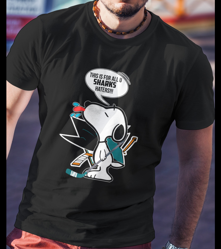 Snoopy Hockey Fan Defends San Jose Sharks Haters With Hockey Stick And Speech Bubble T-Shirt