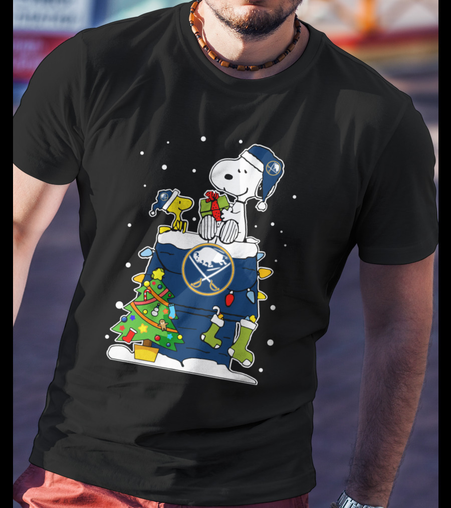 Buffalo Sabres Snoopy Christmas Gift With Woodstock And Holiday Tree T-Shirt