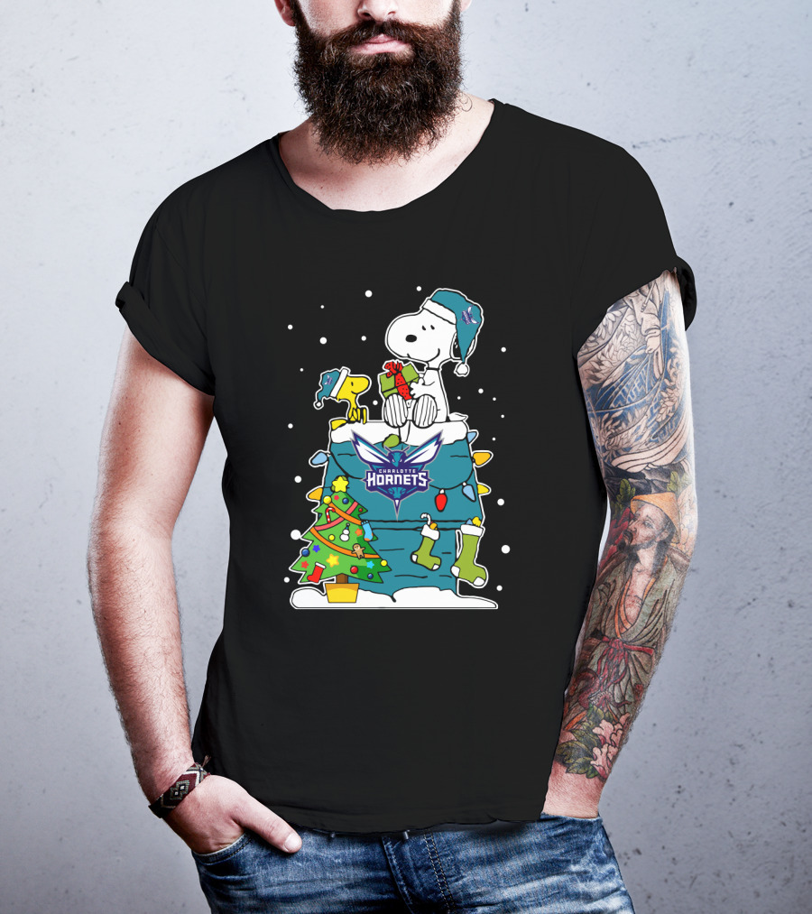 Charlotte Hornets Christmas Snoopy And Woodstock With Tree And Stockings T-Shirt