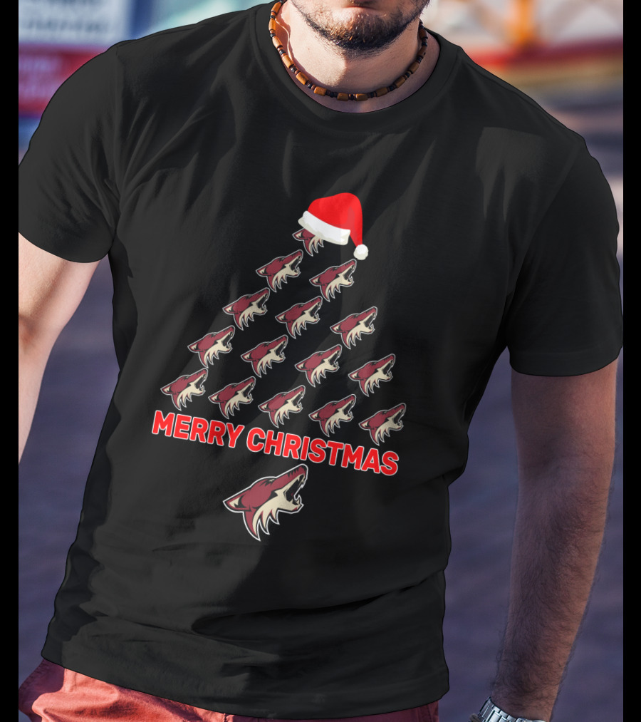 Merry Christmas Tree With Arizona Coyotes Logos And Santa Hat T-Shirt