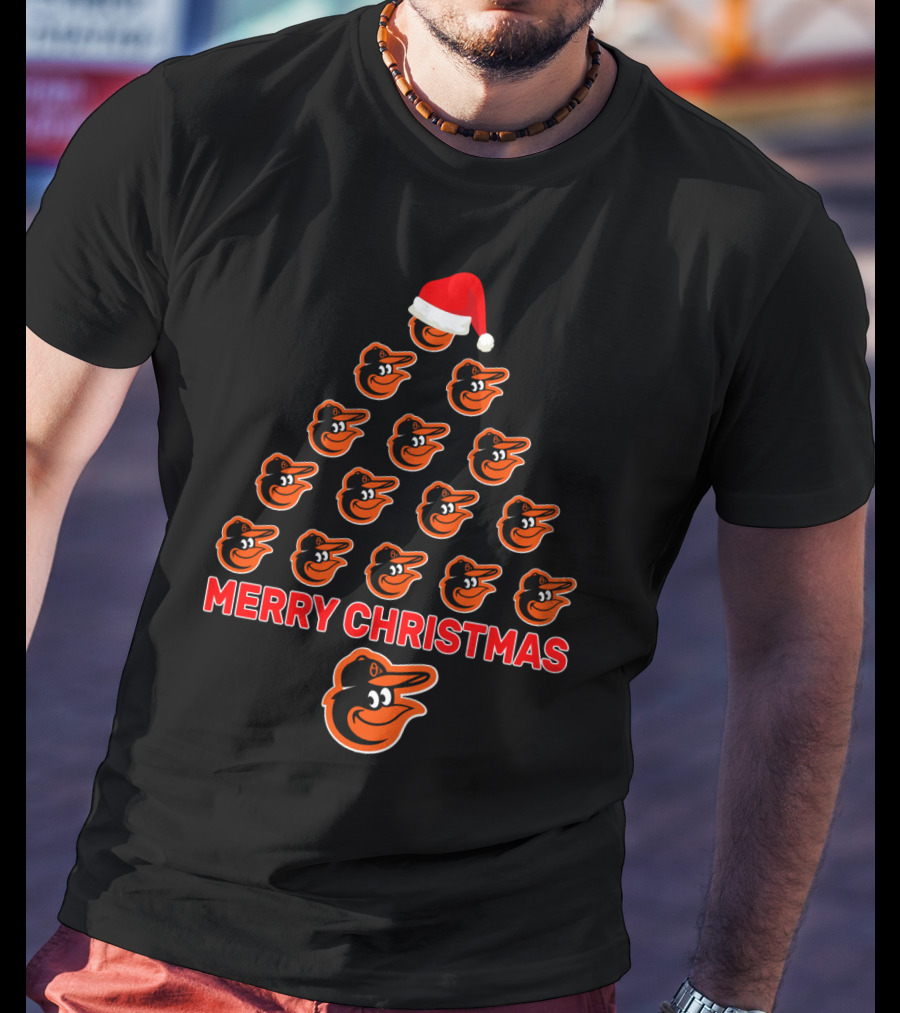 Merry Christmas Baltimore Orioles Tree With Team Logo And Santa Hat T-Shirt