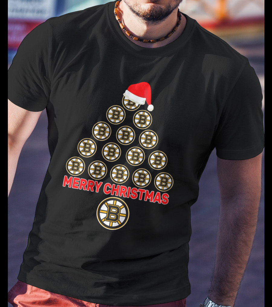 Merry Christmas Boston Bruins Tree Santa Hat T-Shirt