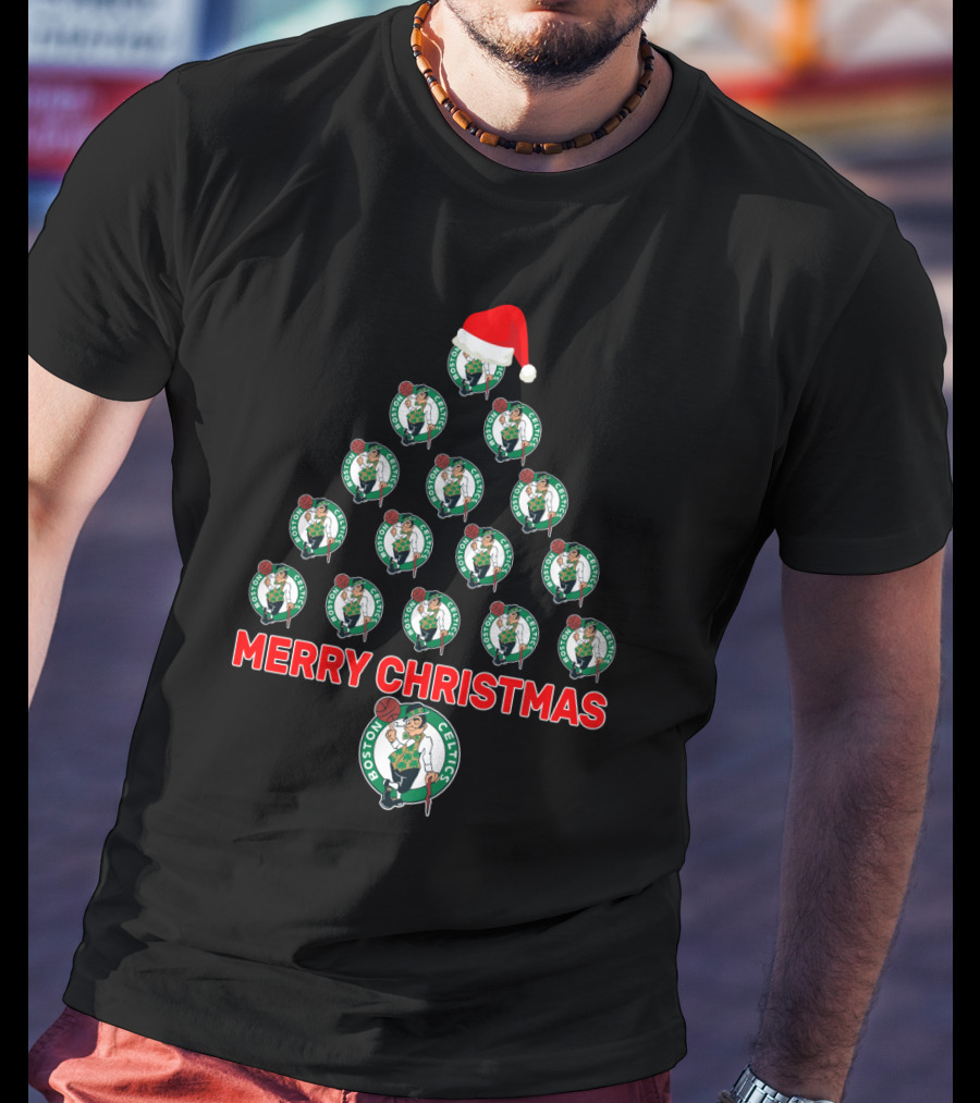 Merry Christmas Boston Celtics Santa Hat Tree T-Shirt