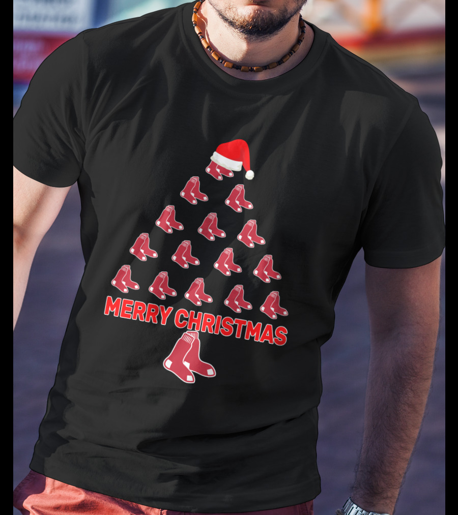 Merry Christmas Boston Red Sox Santa Hat Tree Design For Fans T-Shirt