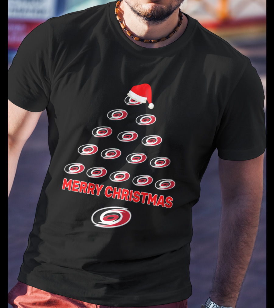 Merry Christmas Carolina Hurricanes Logo Christmas Tree With Santa Hat T-Shirt