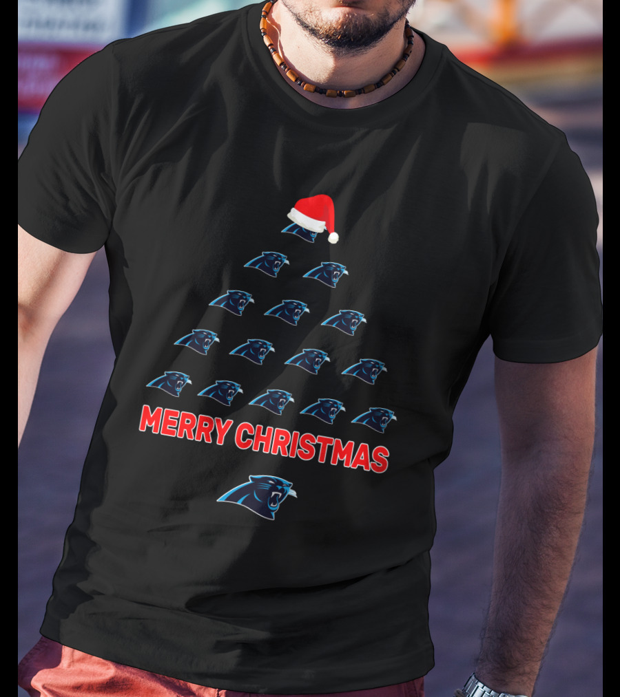 Merry Christmas Carolina Panthers Holiday Tree With Santa Hat T-Shirt