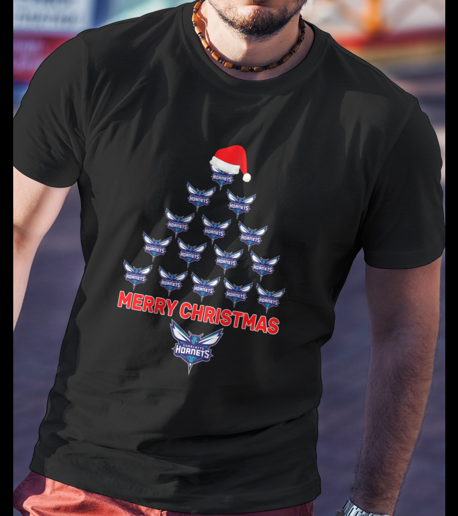 Merry Christmas Charlotte Hornets Tree With Santa Hat T-Shirt