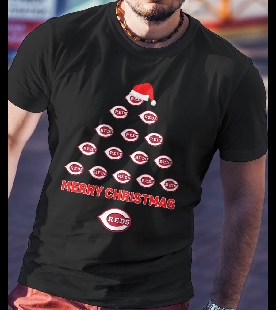 Merry Christmas Cincinnati Reds Logos In Tree Formation With Santa Hat T-Shirt
