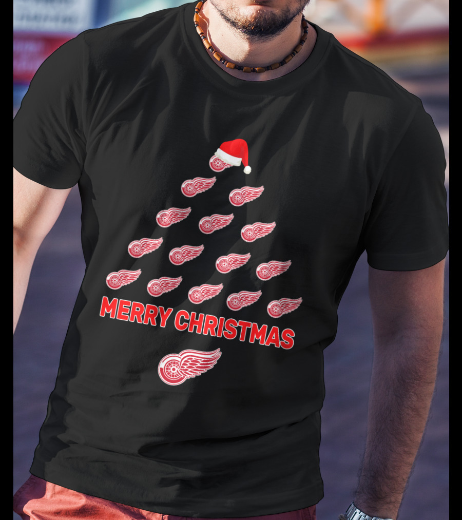 Detroit Red Wings Merry Christmas Tree With Santa Hat T-Shirt