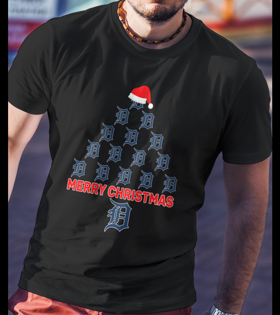 Merry Christmas Detroit Tigers Holiday Tree Design With Santa Hat T-Shirt