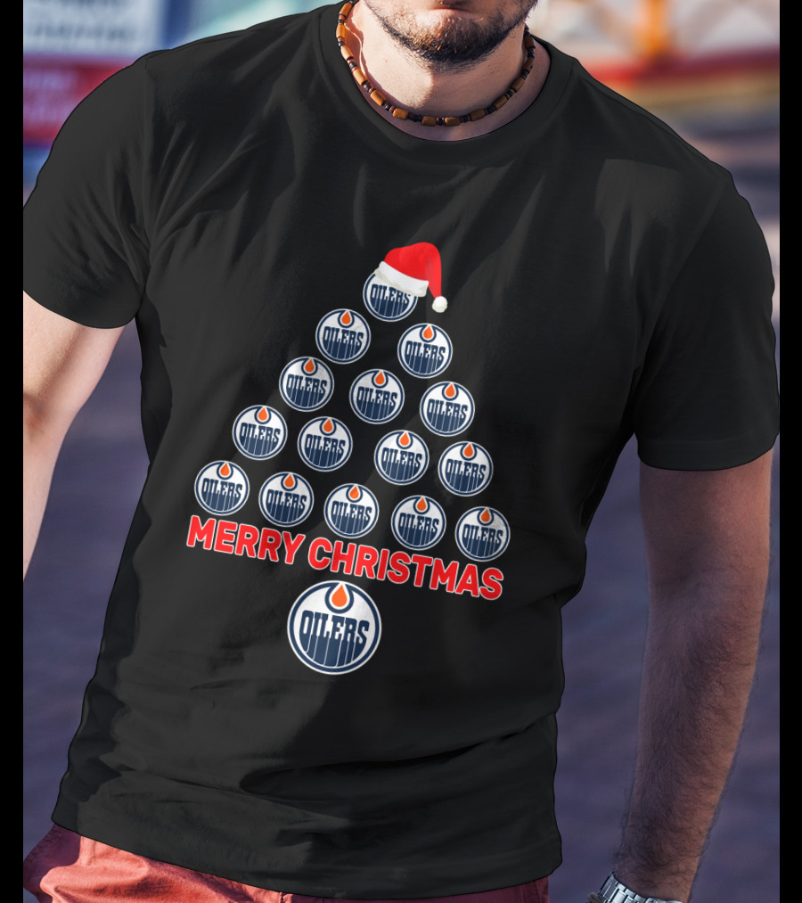 Merry Christmas Edmonton Oilers Tree With Logos And Santa Hat T-Shirt