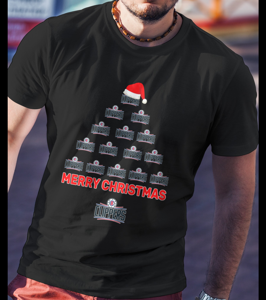 Merry Christmas La Clippers Holiday Tree With Santa Hat And Logos T-Shirt