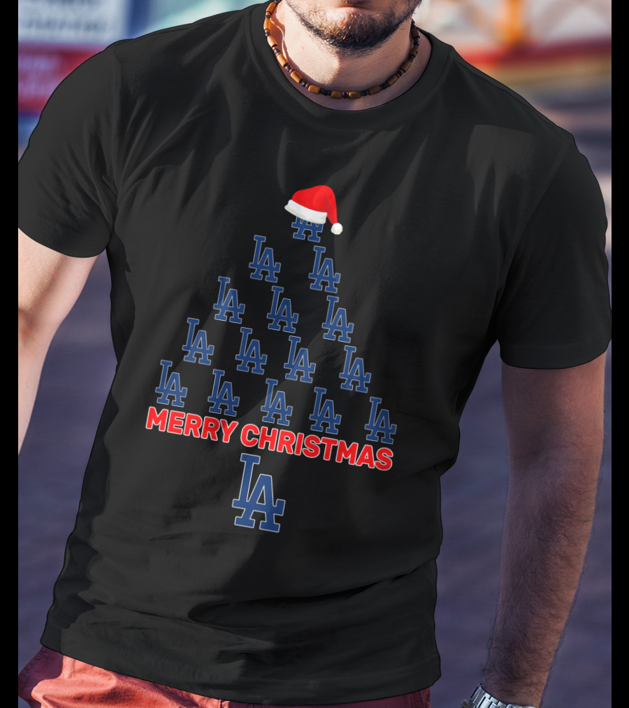 Merry Christmas LA Dodgers Tree With Santa Hat T-Shirt