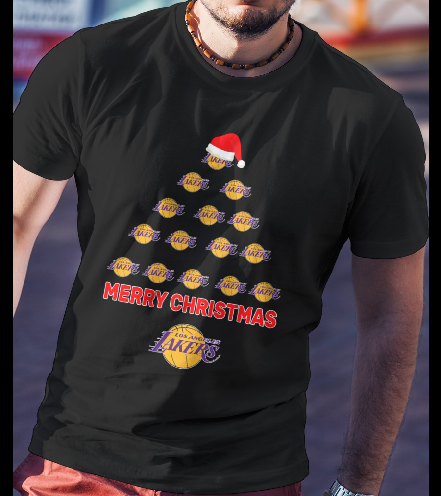 Merry Christmas Los Angeles Lakers Fans Tree Logo Santa Hat T-Shirt