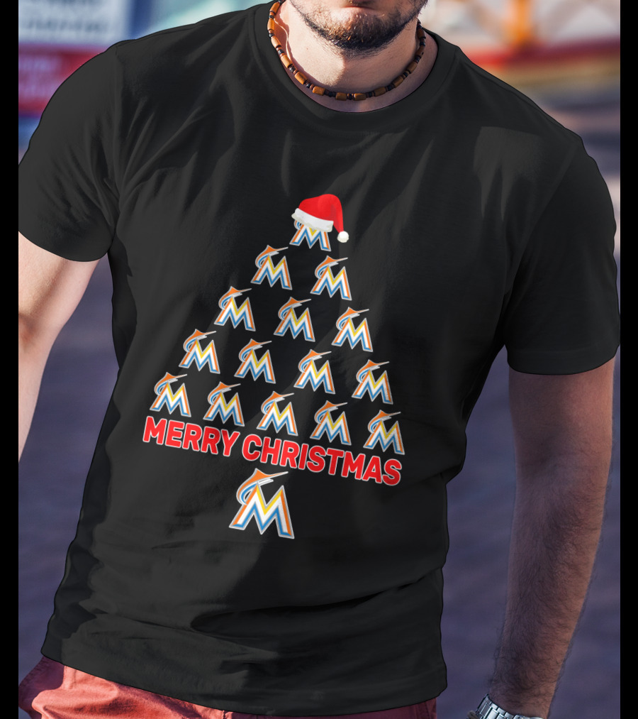 Merry Christmas Miami Marlins Tree With Santa Hat T-Shirt