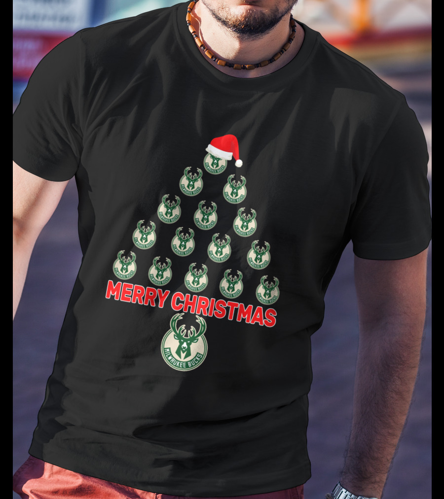 Milwaukee Bucks Merry Christmas Tree Santa Hat T-Shirt