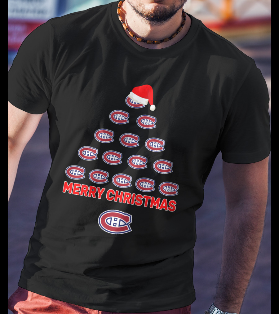 Merry Christmas Montreal Canadiens Tree With Logos And Santa Hat T-Shirt
