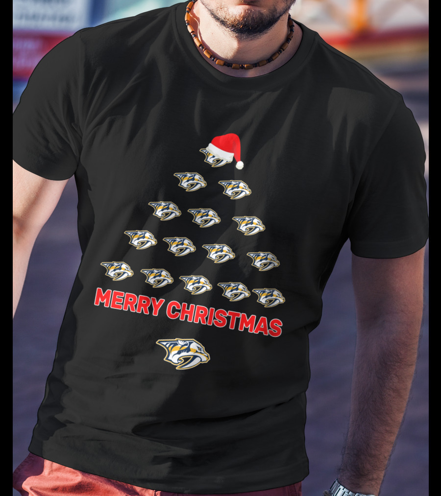 Merry Christmas Nashville Predators Fans Santa Hat Tree Holiday Decor T-Shirt