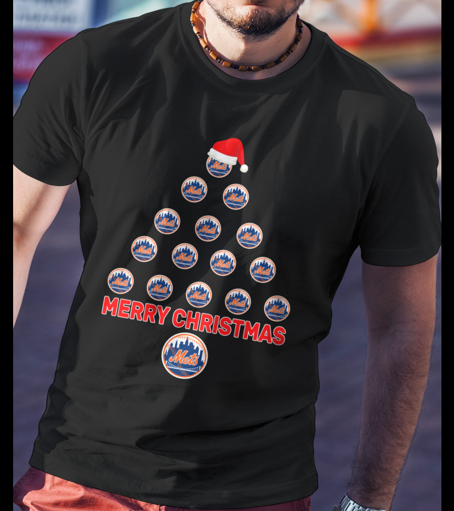 Merry Christmas New York Mets Tree With Santa Hat T-Shirt