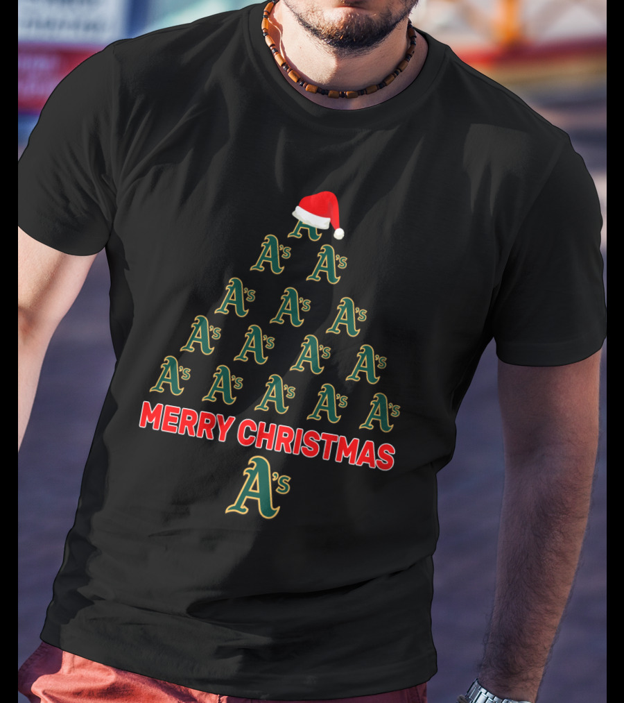 Merry Christmas Tree For Oakland Athletics A's Fans With Santa Hat T-Shirt