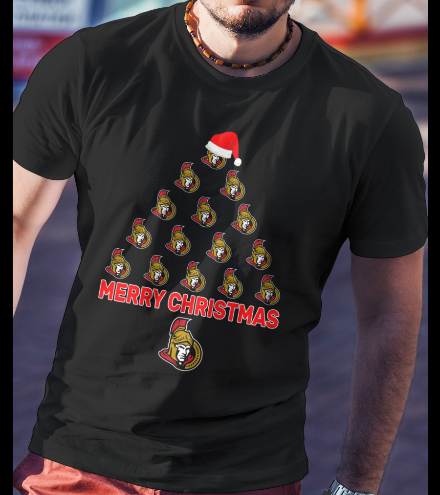 Ottawa Senators Merry Christmas Tree With Logos And Santa Hat T-Shirt