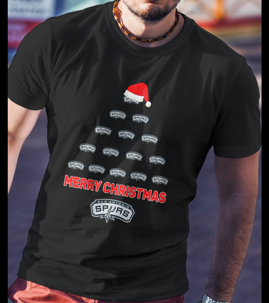 Merry Christmas San Antonio Spurs Tree With Santa Hat T-Shirt