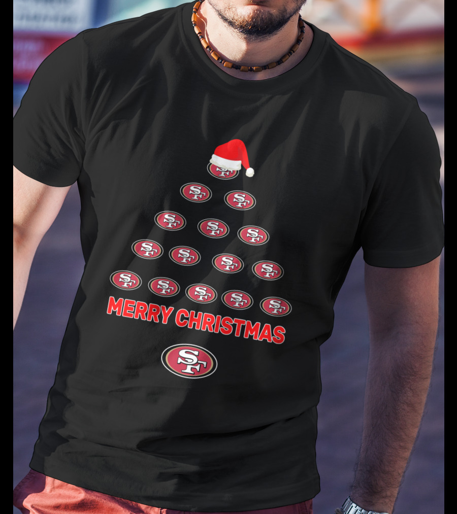 Merry Christmas San Francisco 49ers Tree With Santa Hat T-Shirt