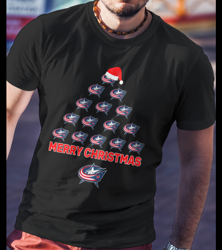 Columbus Blue Jackets Christmas Tree With Santa Hat And Merry Christmas Message T-Shirt