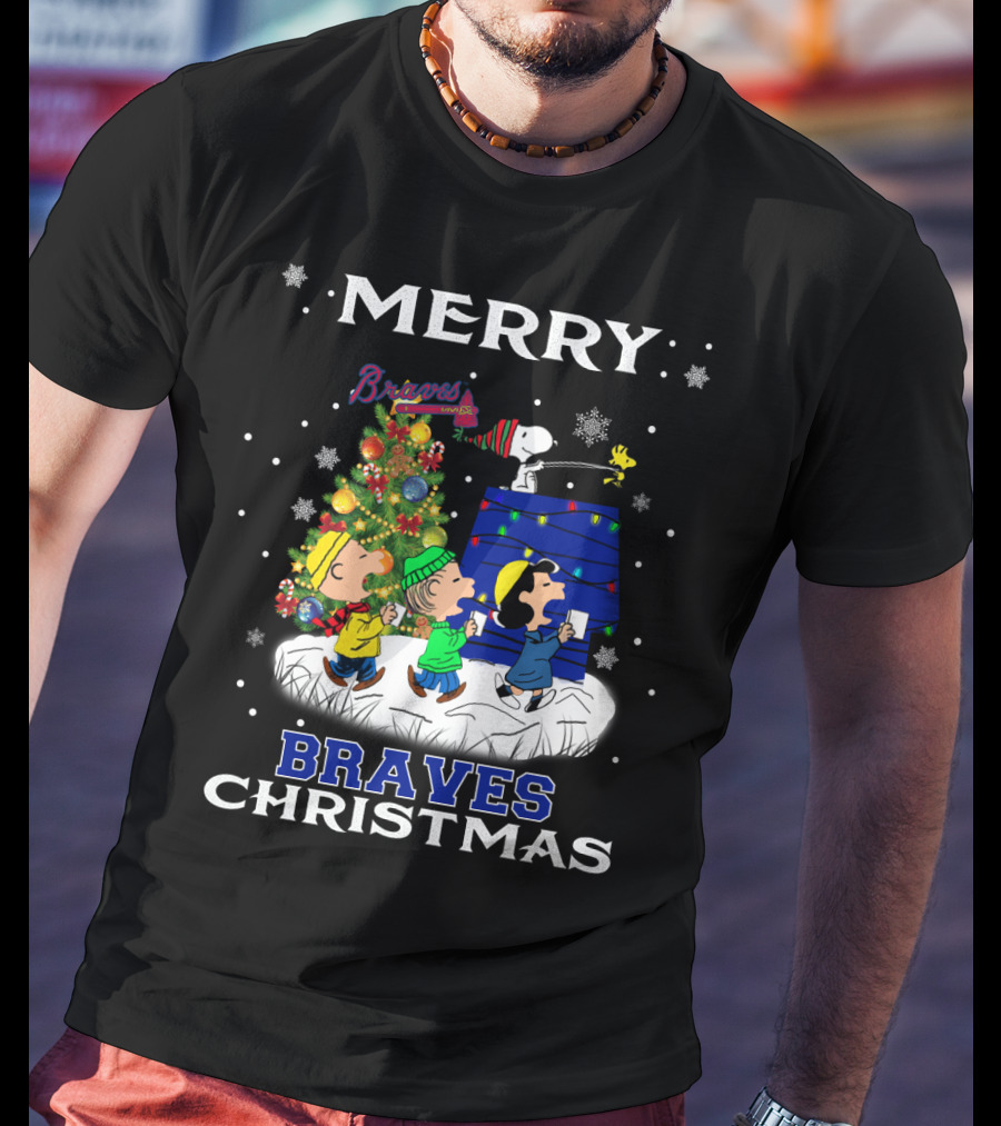 Merry Braves Christmas Featuring Snoopy And Peanuts Characters With Atlanta Braves T-Shirt