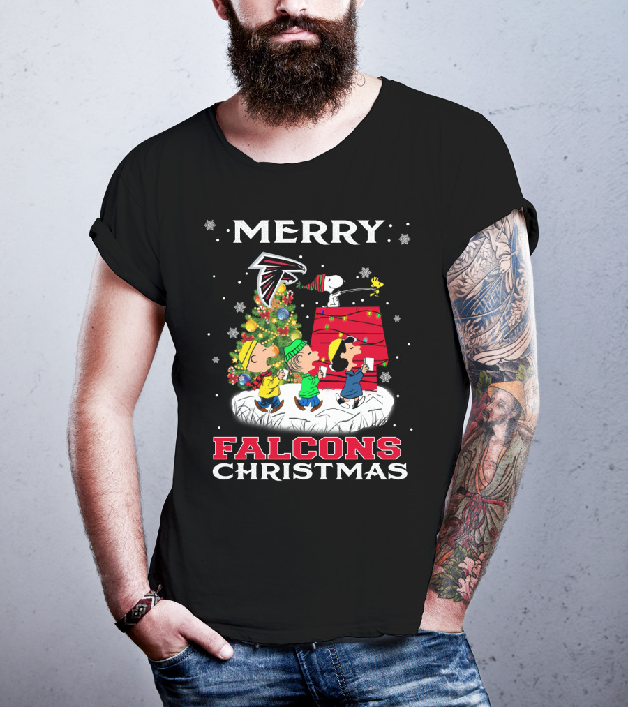 Merry Atlanta Falcons Christmas With Snoopy And Peanuts Characters T-Shirt