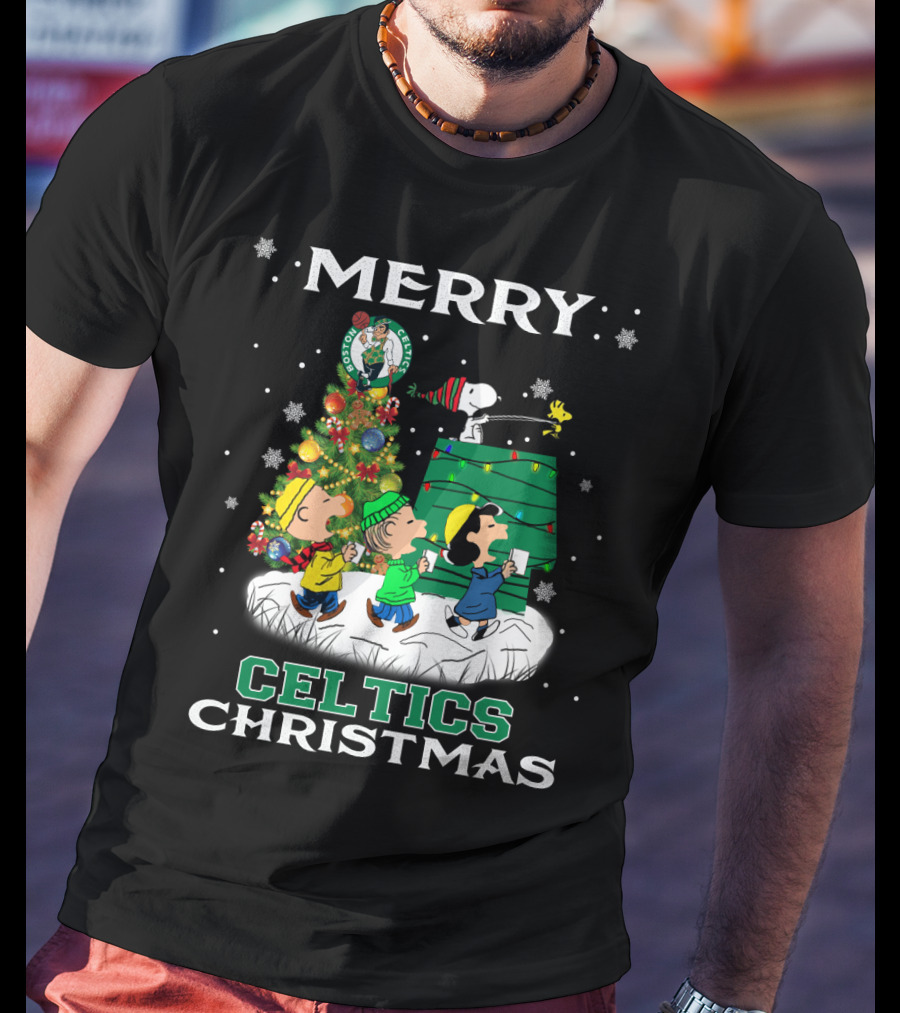 Merry Celtics Christmas Featuring Snoopy And Peanuts Gang T-Shirt