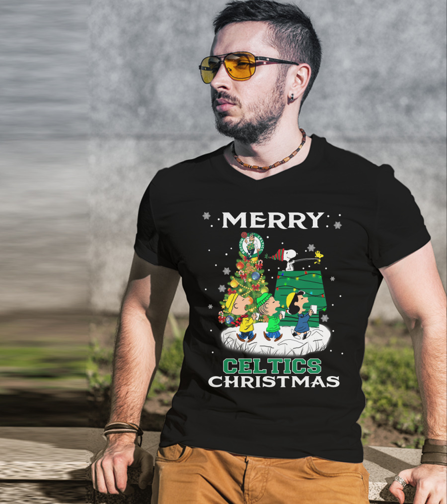 Merry Celtics Christmas Featuring Snoopy And Peanuts Gang T-Shirt
