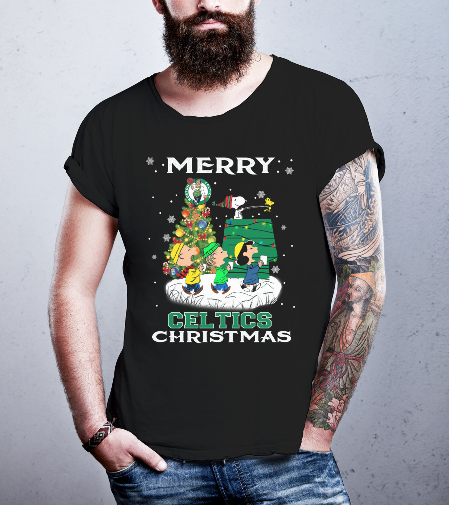 Merry Celtics Christmas Featuring Snoopy And Peanuts Gang T-Shirt