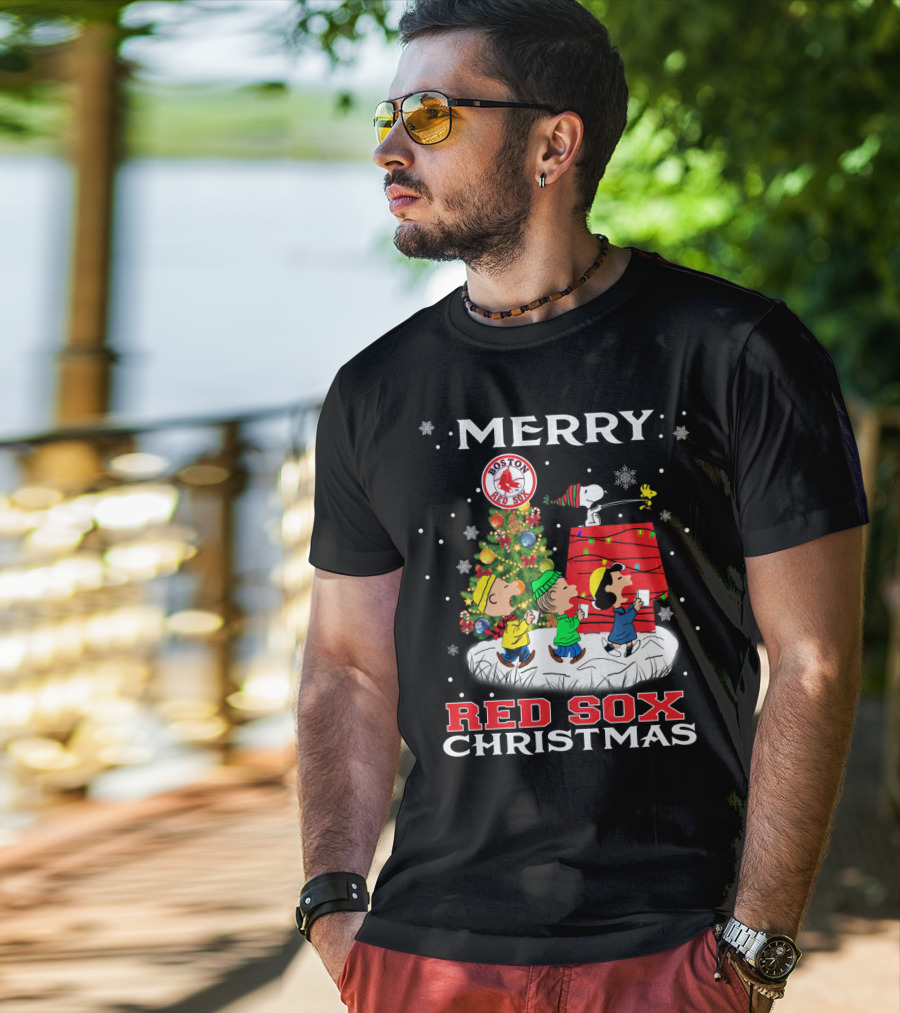 Merry Boston Red Sox Christmas Snoopy And Peanuts Characters Festive Holiday Scene T-Shirt