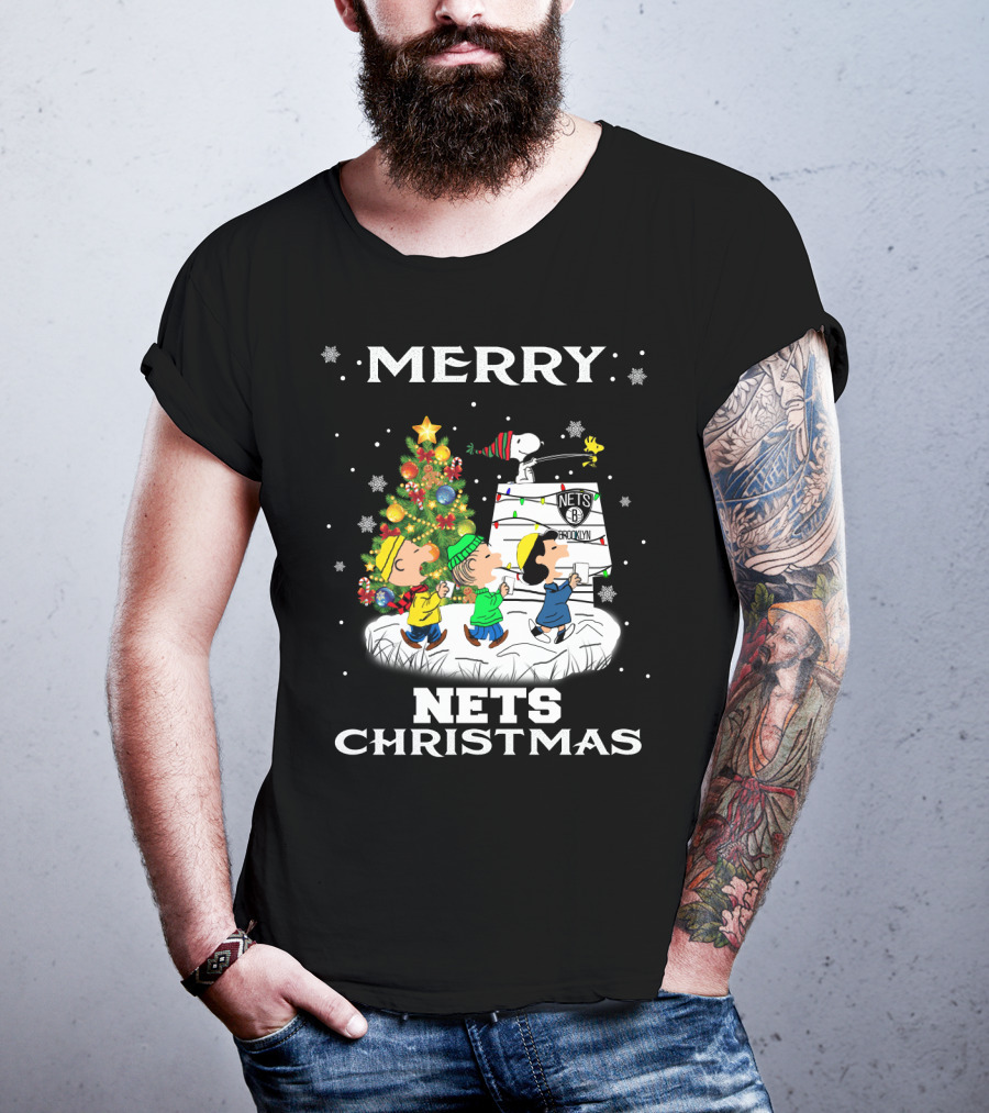 Merry Brooklyn Nets Christmas Snoopy Fans Peanuts Christmas Tree T-Shirt