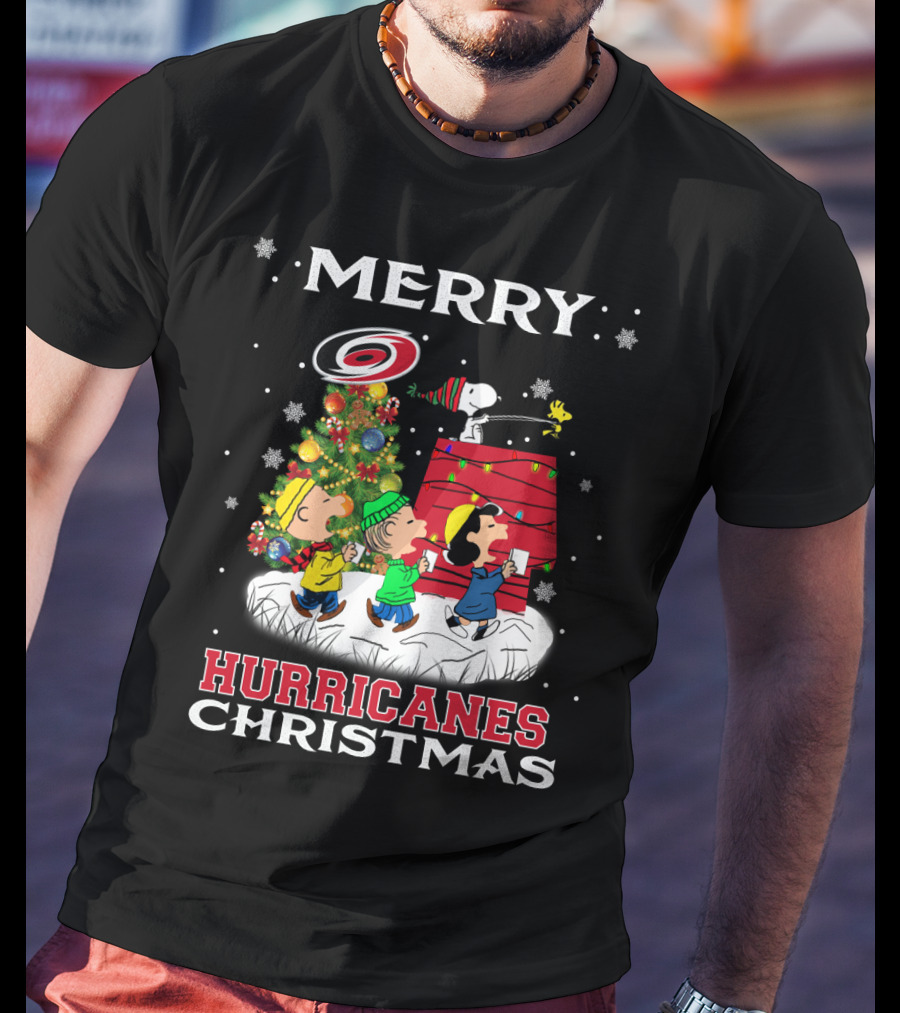 Merry Carolina Hurricanes Christmas Snoopy Peanuts Characters Caroling Winter Scene T-Shirt