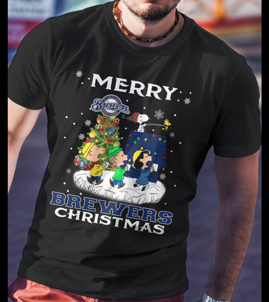 Merry Brewers Christmas With Snoopy And Peanuts Characters For Milwaukee Fans T-Shirt