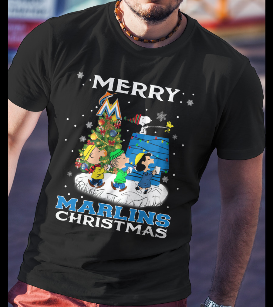 Merry Miami Marlins Christmas Featuring Peanuts Snoopy Woodstock Caroling T-Shirt