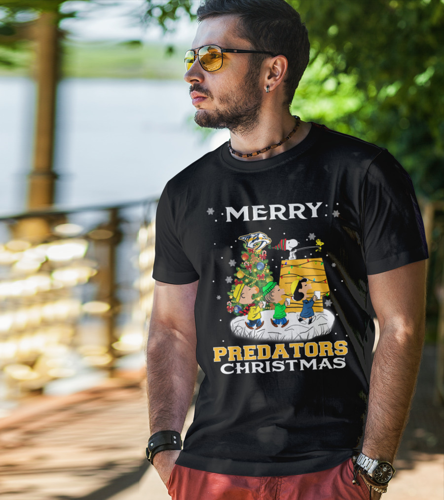 Merry Predators Christmas Featuring Snoopy And Nashville Holiday Cheer T-Shirt
